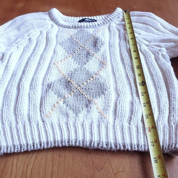 Vintage 90s Hand Knit Cropped Sweater XS Petite Long Sleeve Argyle Chunky Preppy - Picture 6 of 9